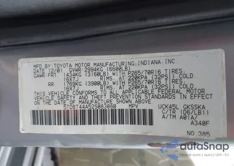 2002 Toyota Sequoia Sr5 V8 from USA, damaged, VIN 5TDBT44A52S083080